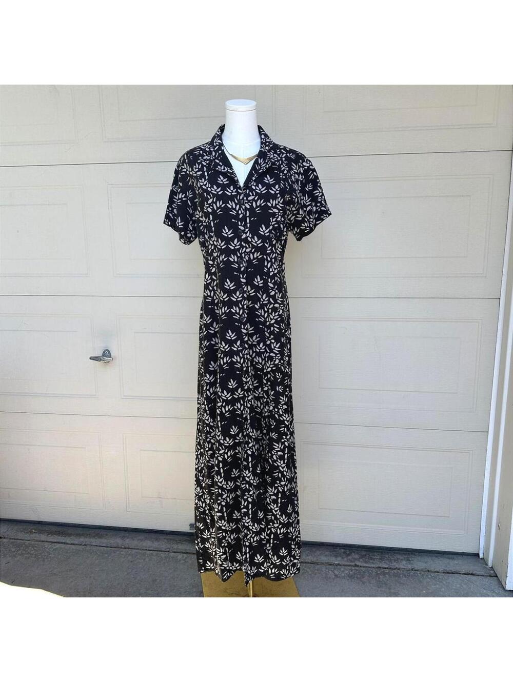 Y2K Chicos Black & White Leaf Print Linen Blend Maxi Dress (L)